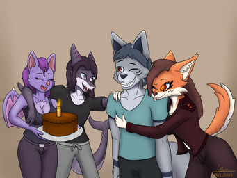 anthro birthday birthday_cake cake celebration clothed clothing dessert female food group male cmaster1987 furmoon_(dmoon) nocty_(dmoon) shyla_(yurliaz) yurliaz_(yurliaz) aquatic bat canid canine canis fish fox mammal shark wolf 4:3 hi_res spanish_description