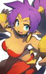 breasts cleavage clothed clothing ear_piercing ear_ring female fingers hair humanoid_pointy_ears long_hair not_furry open_mouth open_smile piercing pointy_ears ponytail purple_hair ring_piercing smile solo tan_body tan_skin teeth hata4564 shantae_(series) wayforward shantae genie humanoid 2022 digital_media_(artwork) hi_res