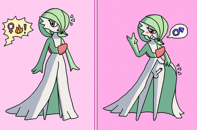 2_panel_comic anthro balls big_eyes biped blush blush_stickers clothed clothing clothing_lift dress dress_lift emanata erection exclamation_point eyelashes female_symbol femboy foreskin gender_confusion gender_symbol genitals gesture green_pseudo_clothing green_pseudo_hair half-closed_eyes hand_gesture humanoid_genitalia humanoid_penis looking_at_another male male_symbol monotone_background narrowed_eyes no_underwear offscreen_character one_eye_obstructed open_mouth penis pink_background presenting presenting_penis pseudo_clothing pseudo_hair raised_arm red_eyes simple_background small_penis solo speech_bubble standing surprised symbol three-quarter_view toothy_grin v_sign white_body pixel_vibri nintendo pokemon gardevoir generation_3_pokemon pokemon_(species) 2026 aliasing digital_media_(artwork) hi_res pictographics shaded