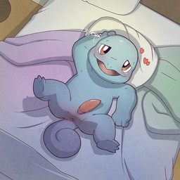 anus bed bed_sheet bedding blue_body blue_skin blush feet furniture genitals heart_symbol looking_at_viewer lying male on_back on_bed penis pillow shell-less solo speech_bubble spread_legs spreading tail young argon_vile nintendo pokemon generation_1_pokemon pokemon_(species) reptile scalie squirtle turtle 1:1 hi_res