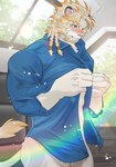 abs anthro blonde_hair blue_eyes blush bottomless clothed clothing dress_shirt dressing fur hair male muscular muscular_male shirt solo topwear white_body white_fur kouga0225 lifewonders live_a_hero astosis felid lion mammal pantherine absurd_res hi_res