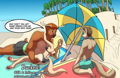 anthro asking asking_another asking_why beach bikini blonde_hair brown_hair clothed clothing cuckold dialogue female group hair male male/female palm_tree plant public question red_hair seaside size_difference speech_bubble swimwear talking_to_another text tree trio two-piece_swimsuit bucked canid canine deer mammal english_text url