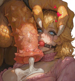 anthro ball_gag balls big_balls big_breasts big_penis blonde_hair blue_eyes bodily_fluids breasts choker claws cleavage clothed clothing cum cum_between_breasts cum_on_breasts dominant dominant_anthro dominant_male dress duo female female_focus female_human female_on_anthro flared_penis gag genital_fluids genitals hair hand_on_head huge_penis human_on_anthro interspecies jewelry larger_anthro larger_male makeup male male/female male_anthro male_on_human mascara necklace penis running_makeup running_mascara size_difference smaller_female smaller_human solo_focus spiked_penis spikes spikes_(anatomy) submissive submissive_female submissive_human blimaxxx mario_bros nintendo bowser princess_peach human koopa mammal scalie 2026 absurd_res hi_res signature