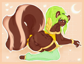 anthro anus bangs big_breasts big_butt big_tail blep breasts brown_body brown_fur butt claws clothing dress eyelashes female fur genitals green_eyelids green_hair hair inner_ear_fluff legwear long_hair looking_at_viewer looking_back looking_back_at_viewer markings pink_tongue ponytail presenting presenting_hindquarters purple_eyes simple_background solo spots spotted_markings stockings tail tan_body tan_fur tongue tongue_out tuft vulva yellow_clothing yellow_dress bambolbi mammal mephitid skunk 2020 colored digital_drawing_(artwork) digital_media_(artwork) hi_res shaded