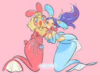 anthro arm_around_shoulders blonde_hair blue_eyes blue_eyeshadow blue_hair breasts duo eyeshadow female gem hair jewelry makeup mermaid_tail necklace pearl_(gem) pearl_ear_ring pearl_necklace pink_background red_eyes shell_necklace simple_background slim_female split_form starfish_(accessory) tail shgrcube nintendo pokemon aquatic asterozoan echinoderm generation_3_pokemon hybrid merfolk minun plusle pokemon_(species) starfish 2025
