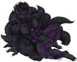abs animal_genitalia anthro balls black_body black_fur chest_gem fully_sheathed fur gem genitals looking_at_viewer male male_anthro multi_tail muscular muscular_anthro muscular_male nipples nude nude_anthro nude_male pecs purple_body purple_fur sheath simple_background solo tail teeth whisker_spots white_background i-psilone canid canine canis mammal wolf 2021 hi_res