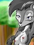 anthro arm_above_head biped black_nose blaze_(marking) blue_eyes bored breasts clothed clothing countershading facial_markings female front_view grey_hair hair head_markings markings nipples pink_nipples ponytail raised_arm small_breasts solo standing three-quarter_view topless white_body white_countershading kenfoxx archie_comics sega sonic_the_hedgehog_(archie) sonic_the_hedgehog_(comics) sonic_the_hedgehog_(series) lupe_the_wolf canid canine canis mammal wolf 3:4 digital_media_(artwork) half-length_portrait low_res mixed_media oekaki pixel_(artwork) portrait