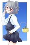 alternate_costume basket brown_eyes container eyewear female fingernails glasses grey_hair hair hand_on_hip jumper looking_at_viewer nails red_eyes short_hair simple_background solo tail kuroi_mizore touhou nazrin animal_humanoid humanoid mammal mammal_humanoid mouse mouse_humanoid murid murid_humanoid murine murine_humanoid rodent rodent_humanoid half-length_portrait hi_res portrait