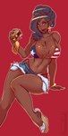 american_flag_bikini arm_support big_breasts bikini bottomwear bracelet breasts brown_body brown_skin burger choker clothed clothing denim denim_bottomwear denim_clothing denim_shorts ear_piercing eating female flag_bikini food footwear freckles hair holidays hotpants jewelry lips nails navel necklace not_furry piercing pink_eyes red_background shoes shorts simple_background sitting solo swimwear two-piece_swimsuit liveforthefunk 4th_of_july vanessa_(liveforthefunk) elf humanoid hi_res signature