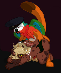 animal_genitalia animal_penis anthro ascot balls beak bent_over big_balls big_beak big_butt big_tail blonde_hair bodily_fluids brown_body butt canine_genitalia canine_penis claws cum cum_in_hair cum_on_butt duo ejaculation facial_piercing feathers feline_genitalia feline_penis flaccid genital_fluids genitals hair happy happy_sex hot_dogging kneeling looking_back male male/male nose_piercing nose_ring one_eye_closed orange_body paws penis piercing precum ring_piercing sex sharp_teeth simple_background slightly_chubby smile spots tail teeth wide_hips wings villegreen mythology avian bird felid feline gryphon hyena mammal mythological_avian mythological_creature parrot hi_res