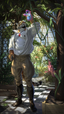anthro biped boots bottomwear clothed clothing dappled_light eyewear flower footwear fur glasses greenhouse jewelry leaf male multicolored_body multicolored_fur navel necklace nipples open_clothing open_shirt open_topwear orange_body orange_fur pants plant shirt shoes solo stripes tile topwear tree under_shade vines vivarium whiskers white_body white_fur mickey_the_retriever winterrock_(partran) partran_(tiger) felid mammal pantherine tiger 2020 4k 9:16 absurd_res hi_res