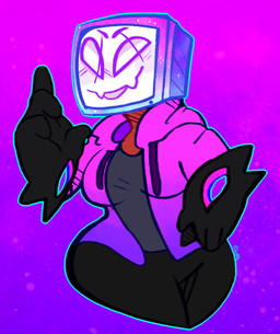 big_breasts breasts clothed clothing crossgender electronics female for_a_head not_furry screen screen_face solo synthwave television wide_hips youtuber kaloopo pyrocynical humanoid object_head screen_head tv_head
