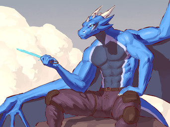 2_horns abs anthro back_wings belt_buckle biped black_body black_countershading black_membrane blue_body blue_eyes bottomwear buckle claws clothed clothed_anthro clothed_male clothing cloud countershade_border countershade_neck countershade_tail countershade_torso countershading day finger_claws flesh_fang front_view hand_on_hip hand_on_own_hip head_horn head_spikes holding_knife holding_object horn knife looking_aside male membrane_(anatomy) membranous_wings mouth_closed muscular muscular_anthro muscular_male on_rock outside pants pants_only pecs pose pupils purple_bottomwear purple_clothing purple_pants rock sitting sitting_on_rock sky slit_pupils snout solo spikes spikes_(anatomy) spread_wings tail topless topless_anthro topless_male white_body white_countershading wings kingarthur_i european_mythology mythology drakl_zyskeli dragon mythological_creature mythological_scalie scalie western_dragon 2023 digital_drawing_(artwork) digital_media_(artwork) portrait three-quarter_portrait