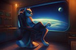 anthro black_body black_fur black_nose blue_eyes blue_hair blue_markings closed_smile collar collar_only crossed_legs fur glistening glistening_eyes hair hand_behind_head inside leg_markings male markings mouth_closed nude planet sitting smile socks_(marking) solo space star three-quarter_view white_body white_fur window mylafox callisto_(zoocrewus97) canid canine mammal