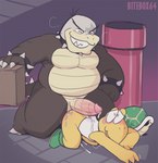 anthro bodily_fluids cum cum_on_back duo genital_fluids grin heart_eyes heart_symbol male male/male pipe smile warp_pipe bitebox64 mario_bros nintendo koopaling morton_koopa_jr. koopa koopa_troopa scalie hi_res