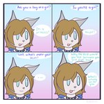 ambiguous_gender anthro blue_eyes bow_ribbon clothing collar dialogue grey_body school_uniform simple_background solo text uniform graycatluna haley_(graycatluna) domestic_cat felid feline felis mammal 1:1 comic english_text hi_res andromorph_(lore) nonbinary_(lore)