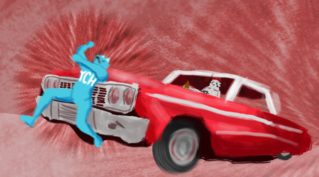 ambiguous_gender anthro blue_body blue_fur car car_crash drunk drunk_driving duo female fur markings red_markings substance_intoxication vehicle white_body white_fur white_markings freakpolymer chevrolet chevrolet_impala spades_(freakpolymer) ych_(character) canid canine fox mammal hi_res