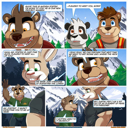 anthro big_bulge big_muscles black_body black_fur blue_eyes border brown_body brown_fur buckteeth bulge clothing cold collared_shirt dialogue fur gesture green_eyes grey_clothing grey_shirt grey_topwear male mountain muscular muscular_anthro muscular_male orange_eyes outside polo_shirt profanity red_clothing red_shirt red_topwear safety_vest shirt size_difference speech_bubble tan_body tan_fur teeth text topwear vest waving white_body white_border white_fur work_uniform aaron_(artist) aiden_(aaron) dillon_(aaron) justin_(aaron) mathew_porter bear beaver giant_panda lagomorph leporid mammal rabbit rodent ursine 2024 comic digital_media_(artwork) english_text hi_res url father_(lore) father_and_child_(lore) father_and_son_(lore) parent_(lore) parent_and_child_(lore) parent_and_son_(lore) son_(lore)