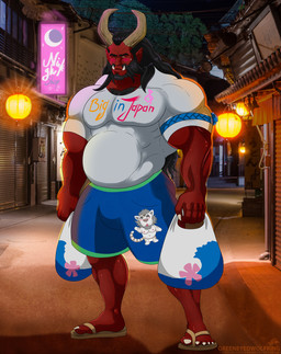 anthro bag barazoku beard belly big_belly big_muscles blush body_hair bottomwear chest_hair chibi clothed clothing facial_hair hair horn humanoid_pointy_ears japan long_hair male musclegut muscular muscular_anthro muscular_male nipples overweight overweight_male pointy_ears red_body shirt shorts solo topless topwear greeneyedwolfking asian_mythology east_asian_mythology japanese_mythology mythology baelohr demon felid humanoid mammal ogre oni pantherine tiger yokai hi_res