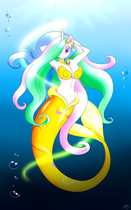 anthro breasts bubble cleavage clothed clothing eyeshadow female fur hair hair_over_eye hands_behind_head horn jewelry long_hair looking_at_viewer makeup mermaid_tail multicolored_hair necklace purple_eyes scales seashell_bikini small_waist smile solo spiral_shell split_form tail underwater water white_body white_fur yellow_body yellow_scales yellow_tail blueondrive friendship_is_magic hasbro my_little_pony mythology princess_celestia_(mlp) aquatic equid equine mammal merfolk mythological_creature mythological_equine unicorn 2014 5:8 absurd_res hi_res