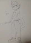 anthro ball baseball_(ball) baseball_(sport) baseball_bat bat_(object) biped clothing footwear fur hair kemono looking_at_viewer male shirt shoes simple_background solo sport topwear young young_anthro young_male kurokiriririri canid canine mammal unknown_species monochrome sketch