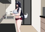 big_breasts black_hair bottomwear breasts cleavage clothed clothing female hair kitchen shorts sink solo text hellap league_of_legends riot_games tencent ahri_(lol) animal_humanoid humanoid korean_text translation_request