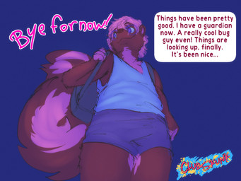 ambiguous_gender anthro backpack bottomwear clothed clothing dialogue eyewear glasses shirt shorts tank_top text topwear young clubskunk cass_(clubskunk) mammal mephitid skunk 4:3 comic english_text hi_res