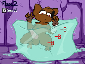 anthro balls bandage bandaged_arm blush brown_body brown_fur clothing dungeon fingerless_gloves fur gameplay_mechanics genitals gloves handwear in_bubble male negative_status_effect nude nude_male penis penis_in_slime slime slime_sex solo trapped 1upgobbo saijo_(1upgobbo) gelatinous_cube goo_creature kobold scalie 2019 4:3