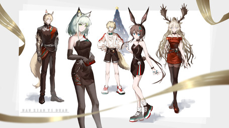 armor belt black_clothing black_footwear black_shoes blonde_hair blue_eyes bottomwear brown_hair christmas_tree clothing dress female footwear gauntlets gloves group hair handwear high_heels holding_object holding_wallet holidays long_hair looking_at_viewer male pants plant red_clothing red_footwear red_high_heels shoes short_hair shorts simple_background smile sneakers socks standing sweater tail topwear tree wallet white_background white_hair nanxianyiduan arknights christmas hypergryph studio_montagne amiya_(arknights) kal'tsit_(arknights) mlynar_(arknights) tequila_(arknights) viviana_(arknights) animal_humanoid canid canid_humanoid cat_humanoid deer deer_humanoid equid equid_humanoid felid felid_humanoid feline feline_humanoid humanoid lagomorph lagomorph_humanoid leporid_humanoid mammal mammal_humanoid moose_humanoid new_world_deer new_world_deer_humanoid rabbit_humanoid 2023 digital_media_(artwork) hi_res
