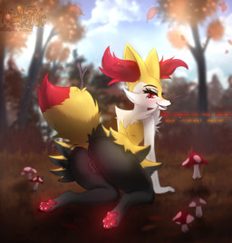 all_fours anthro anus butt day female fungus fur genitals grass leaf master mushroom open_mouth outside pawpads paws plant pokemorph presenting presenting_vulva rear_view red_body red_fur sky smile solo tree vulva yellow_body yellow_fur astralia nintendo pokemon braixen canid canine fox generation_6_pokemon mammal pokemon_(species) hi_res watermark