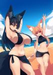 beach big_breasts black_body black_fur black_hair blue_eyes breasts brown_body brown_fur brown_hair clothed clothing cute_fangs day dessert duo eating fangs female fluffy fluffy_tail food fully_clothed fur glistening glistening_body glistening_skin hair holding_object huge_breasts ice_cream inner_ear_fluff long_hair looking_at_viewer navel one_eye_closed open_mouth outside red_eyes sand seaside standing swimwear tail teeth tuft water white_body white_fur sub-res kiri_(sub-res) suzu_(sub-res) animal_humanoid canid canid_humanoid canine canine_humanoid fox_humanoid humanoid mammal mammal_humanoid 2019 absurd_res hi_res