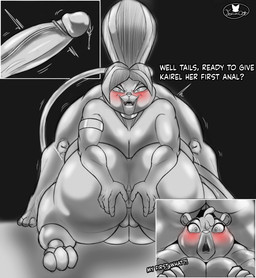3_toes 4_fingers anthro anus beehive_(hairstyle) big_breasts big_butt big_penis blush bodily_fluids breasts butt dialogue dripping evil_face feet female fingers furrowed_eyebrows genital_fluids genitals group huge_breasts huge_butt huge_penis humanoid_genitalia humanoid_penis image_bubble imminent_anal male motion_lines open_mouth open_smile penis precum precum_drip sharp_teeth shocked smile spread_butt spreading teeth text thick_thighs throbbing throbbing_penis toes trio vulva foxium el_arca sega sonic_the_hedgehog_(series) kairel miles_prower panthy felid lion mammal pantherine absurd_res crossover english_text hi_res