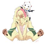 anthro belt duo fluffy fur hair hair_over_eyes male pawpads simple_background slim white_background yellow_body yellow_fur yuri_arisato bandai_namco digimon angoramon_(ghost_game) gammamon_(ghost_game) angoramon ceratopsian digimon_(species) dinosaur gammamon lagomorph leporid mammal ornithischian prehistoric_species rabbit reptile scalie triceratops 1:1