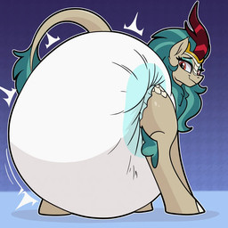 big_diaper blue_diaper diaper eyebrows eyeshadow female feral horn makeup orange_eyes solo turquoise_eyeshadow turquoise_hair white_diaper nineplusten friendship_is_magic hasbro my_little_pony mythology queen_rain_shine_(mlp) dragon kirin kirin_(mlp) mythological_creature mythological_scalie scalie 1:1