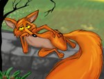 3_toes 4_fingers anthro big_tail black_eyes black_nose brick_wall canid canine claws countershading curling_tail digital_drawing_(artwork) digital_media_(artwork) digital_painting_(artwork) disney ears_outwards feet finger_claws fingers fluffy fluffy_tail fox fox_(mary_poppins) fur glance grass half-closed_eyes hand_on_hip head_on_hand lying male mammal mary_poppins narrowed_eyes on_side orange_body orange_fur pinup pivoted_ears plant pose shaded sketch smile smiling_at_viewer smirk smirking_at_viewer smug smug_face solo stevethedragon tail toes tree wall_(structure) wide_hips yellow_sclera