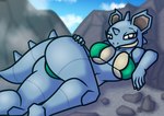 anthro bikini blue_body blue_scales breasts claws clothed clothing female hand_on_hip horn looking_at_viewer lying mountain on_side outside pose reclining rock scales skimpy solo spikes spikes_(anatomy) swimwear tan_body tan_scales two-piece_swimsuit brokenrekordbro nintendo pokemon pokemon_snap_xxx generation_1_pokemon nidoqueen pokemon_(species) scalie absurd_res hi_res