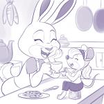 accessory anthro beverage buckteeth carrot chatting clothed clothing container cookie cup cutlery duo eyelashes female food fur furniture hair happy headband holding_object kitchen kitchen_utensils open_mouth pan plant sink smile spoon stirring table teapot teeth tongue tools vegetable lonbluewolf disney zootopia judy_hopps lagomorph leporid mammal mouse murid murine rabbit rodent 1:1 2016 digital_drawing_(artwork) digital_media_(artwork)