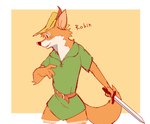 anthro black_nose blush clothed clothing fur green_clothing hat headgear headwear holding_object holding_weapon looking_away male melee_weapon orange_body orange_fur shirt simple_background smile solo sword text topwear tunic weapon white_body white_fur shimomaro disney robin_hood_(disney) robin_hood canid canine fox mammal red_fox true_fox 2021 english_text