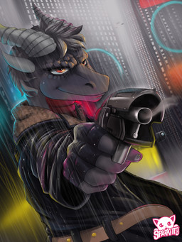 action_pose anthro blade city cyberpunk gun horn male pose raining ranged_weapon runner smile solo weapon sparkittyart blade_runner mythology dragon mythological_creature mythological_scalie scalie 3:4 absurd_res hi_res