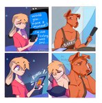 4_panel_comic anthro blonde_hair bodily_fluids border boyfriends brown_body brown_fur canid canine canis cellphone chin_tuft clothing crying domestic_dog duo ears_down electronics embrace embracing_object embracing_pillow english_text eyes_closed facial_tuft femboy fur hair half-closed_eyes heresvix hi_res lagomorph leporid male mammal narrowed_eyes phone pillow pivoted_ears rabbit shirt smartphone sound_effects t-shirt tank_top tears text topwear tuft white_body white_border white_fur wide_eyed