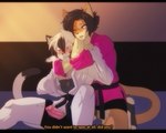 anthro anthro_on_anthro biped black_hair blush bodily_fluids dipstick_ears dipstick_tail duo ear_markings erection genital_fluids genitals glans hair humanoid_genitalia humanoid_penis intraspecies male male/male markings multicolored_ears penis precum tail tail_markings text white_hair munkeesgomu ereki_kagami munks_(munkeesgomu) domestic_cat felid feline felis mammal english_text