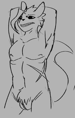 andromorph anthro genitals hands_behind_head intersex nipples nude pecs pose scar smile solo tail vulva zevinhalt rain_world videocult hunter_(rain_world) slugcat line_art monochrome