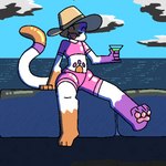 alcohol anthro asymmetrical_coloring beach beverage biped clothed clothing detailed_background dipstick_tail eyes_closed female footprint fur happy holding_beverage holding_object long_tail low_wall markings orange_body orange_fur outside pawpads pawprint pawprint_(marking) purple_body purple_fur sea seaside sitting smile solo swimwear tail tail_markings water theenyface cally_(theenyface) calico_cat domestic_cat felid feline felis mammal 1:1 aliasing cel_shading digital_media_(artwork) full-length_portrait portrait shaded