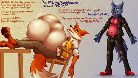 accessory anthro belly big_belly bottomwear burping chair claws clothed clothing collared_shirt dialogue dipstick_tail dress_shirt duo fangs footwear fur furniture grey_body grey_fur huge_belly indigestion jacket leaning leaning_backward leather leather_bottomwear leather_clothing leather_jacket leather_pants leather_topwear looking_back male markings mass_vore multiple_prey necktie onomatopoeia open_clothing open_shirt open_topwear open_vest orange_body orange_fur pants pawpads paws paws_on_table rumbling_stomach shirt shoes slightly_chubby sound_effects speech_bubble struggling struggling_prey table tail tail_markings teeth text topwear vest vore white_body white_fur harper_deer don't_eat_the_neighbours fox_(don't_eat_the_neighbours) wolf_(don't_eat_the_neighbours) canid canine canis fox mammal wolf 16:9 2026 absurd_res english_text hi_res signature widescreen