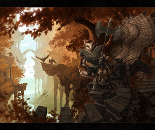 4_toes 5_fingers anthro armor axe barefoot beak black_bars black_body black_feathers brown_body brown_feathers claws crouching day detailed_background duo_focus feathered_wings feathers feet fingers flying group holding_object holding_weapon looking_aside looking_at_another male melee_weapon nature outside plate_armor polearm river spear spread_wings stairs tan_body tan_feathers toes weapon wings minna_sundberg avian bird corvid corvus_(genus) crow great_horned_owl horned_owl oscine owl passerine true_owl detailed