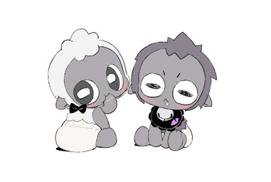 accessory aged_down ambiguous_gender anthro bell big_forehead bodily_fluids bow_ribbon clothed clothing daww diaper drooling duo fist_in_mouth fur grey_body grey_fur grey_skin grey_wool hair_accessory hair_bow hair_ribbon hornless looking_at_viewer neonate ribbons rosy_cheeks ruffled_collar saliva simple_background sitting sitting_on_ground sucking thumb_suck wearing_diaper white_background white_body white_diaper white_fur white_wool wool_(fur) young young_ambiguous tugarabe cult_of_the_lamb massive_monster_(studio) goat_(cult_of_the_lamb) lamb_(cult_of_the_lamb) bovid caprine goat mammal sheep adult_(lore)