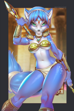 accessory anthro armor black_nose blue_body blue_fur blue_hair bottomwear breasts claws cleavage clothed clothing female fur furgonomics green_eyes hair hair_accessory hairband holding_object holding_weapon jewelry krystal's_staff loincloth looking_at_viewer markings navel necklace short_hair shoulder_pads skimpy smile solo staff tail tail_accessory tailband text tribal tribal_markings under_boob weapon white_body white_fur wide_hips miles_df nintendo star_fox krystal_(star_fox) canid canine fox mammal 2016 english_text