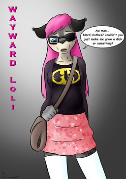 anthro bag black_nose bottomwear breasts clothed clothing dialogue eye_patch eyebrows eyewear facial_piercing female glasses grey_body hair jacket legwear lip_piercing loli long_hair looking_down markings missing_eye multicolored_body nerd nerdification open_mouth piercing pink_bottomwear pink_clothing pink_hair pink_skirt print_clothing print_shirt print_t-shirt print_topwear scar shirt simple_background skirt solo speech_bubble spots spotted_body standing stockings t-shirt teeth text tongue topwear two_tone_body white_body young young_anthro danaume felid hybrid lagomorph leopard leporid mammal pantherine rabbit english_text hi_res