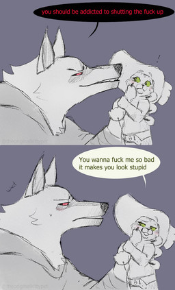 ableist_slur anthro belt blush bodily_fluids carrying_another claws cloak clothing confusion dialogue duo ears_up exclamation_point eyebrows facial_markings flirting frown fur fuzzy green_eyes grey_background half-closed_eyes hand_held handheld hat head_markings headgear headwear holding_another holding_object holding_weapon insult looking_at_another male male/male markings mask_(marking) melee_weapon narrowed_eyes pointy_ears prick_ears profanity rapier red_eyes side_view simple_background size_difference smile smirk speech_bubble suggestive suggestive_dialogue sweat sword text weapon cowboyfirestar dreamworks puss_in_boots_(franchise) you_wanna_fuck_me_so_bad_it_makes_you_look_stupid death_(puss_in_boots) puss_in_boots_(dreamworks) canid canine canis domestic_cat felid feline felis mammal tabby_cat wolf comic english_text hi_res meme
