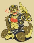 anthro biped black_body black_fur blush bulge clothing cuff_(restraint) fur handcuffs hat headgear headwear heart_symbol leather male metal_cuffs muscular muscular_anthro muscular_male pecs pubes restraints shackles sitting solo tongue doggiemonkey lifewonders tokyo_afterschool_summoners garmr_(tas) canid canine canis domestic_dog mammal 4:5